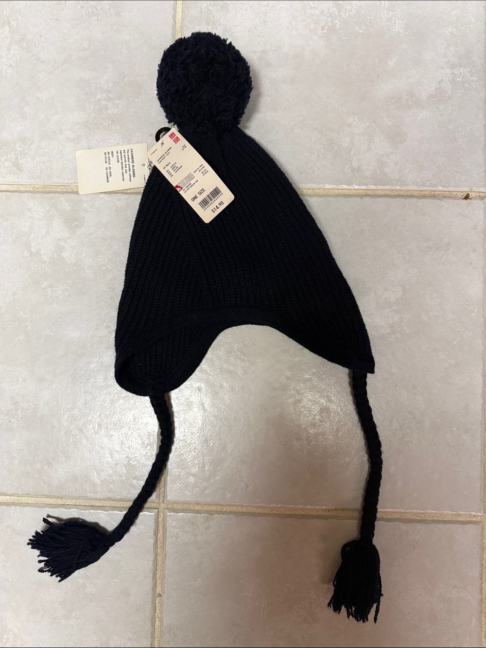 Uniqlo Kids Black Knit Earflap Hat with Pom-Poms